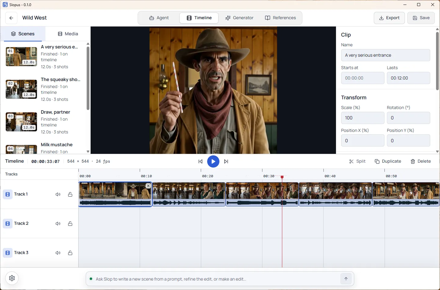 Slopus timeline with clips, audio waveforms, and a scene preview.