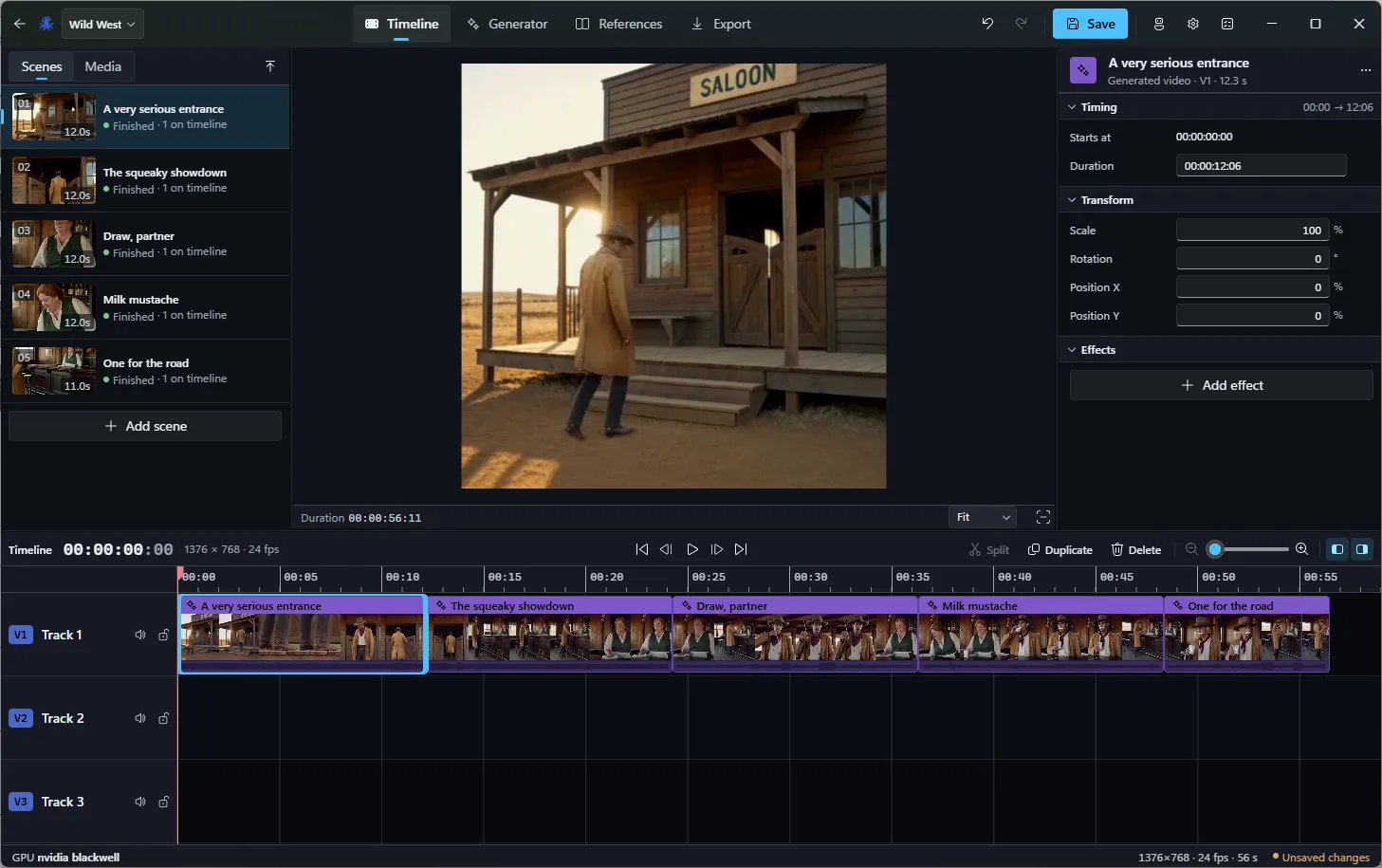 Slopus timeline with clips, audio waveforms, and a scene preview.