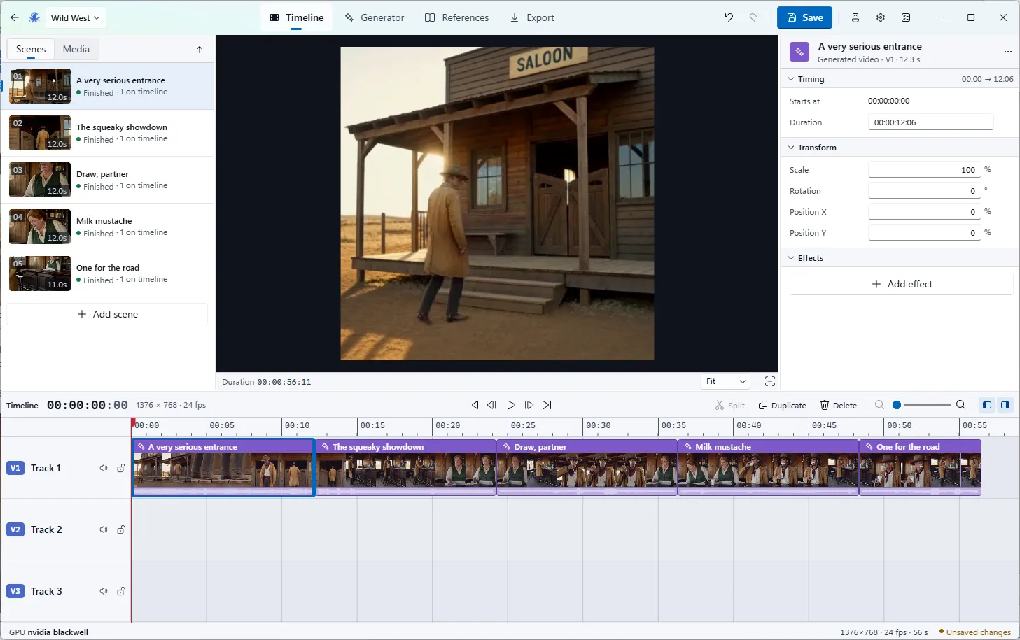 Slopus timeline with clips, audio waveforms, and a scene preview.