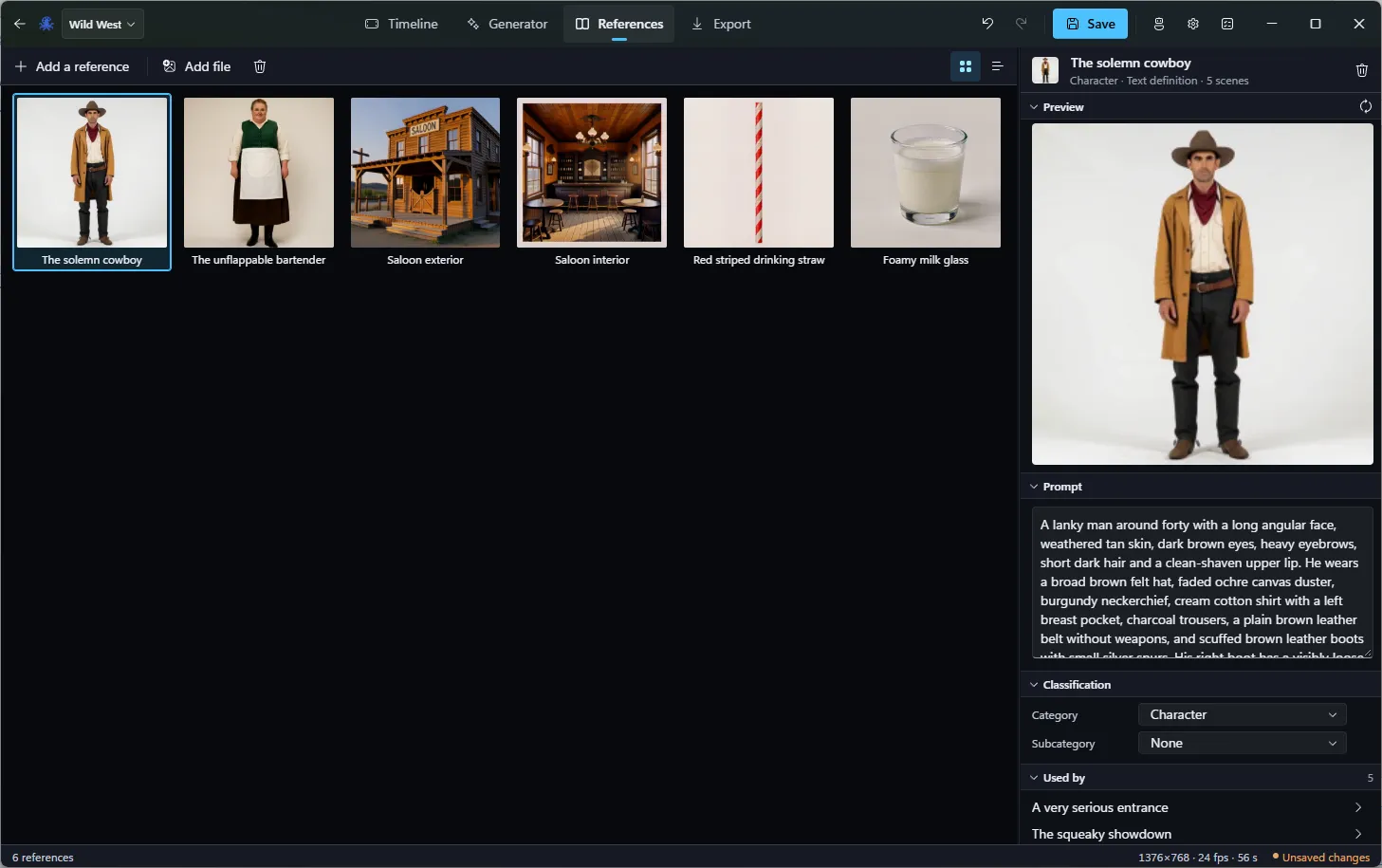 Slopus references library with characters, locations, and props used across scenes.
