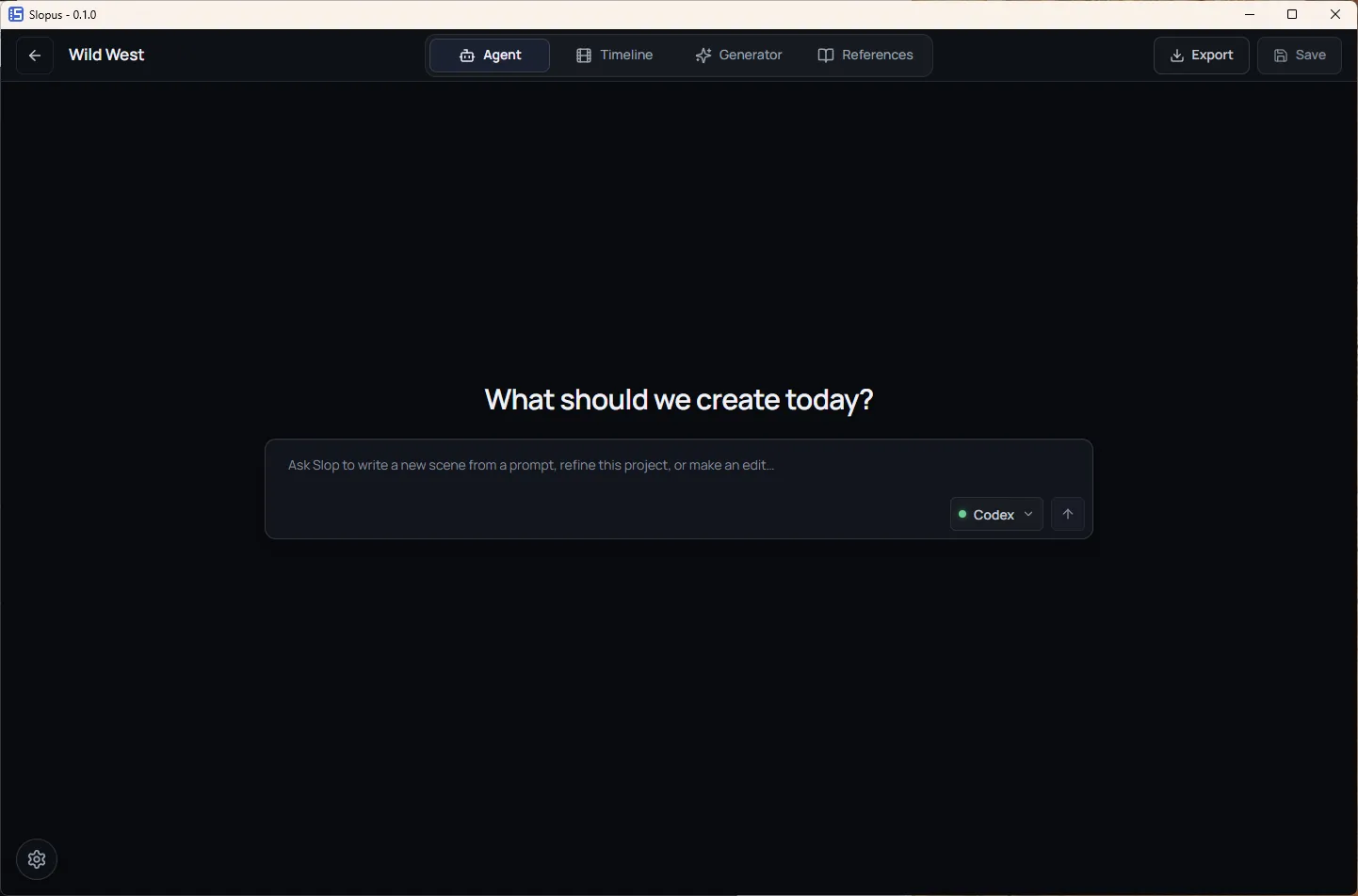 Slopus AI assistant with a prompt for creating a scene or editing a project.