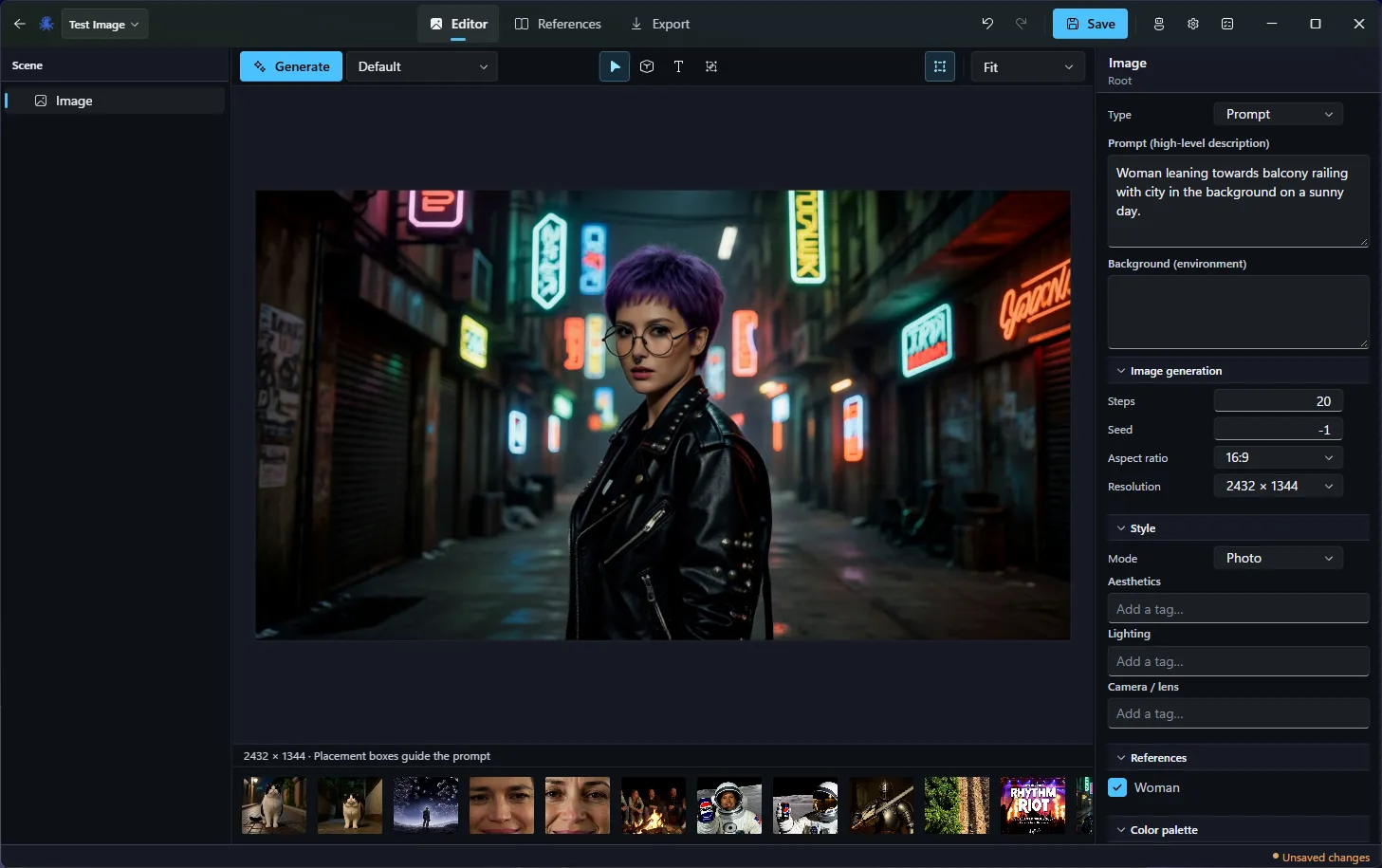 Slopus still image generator with a generated portrait and style controls.
